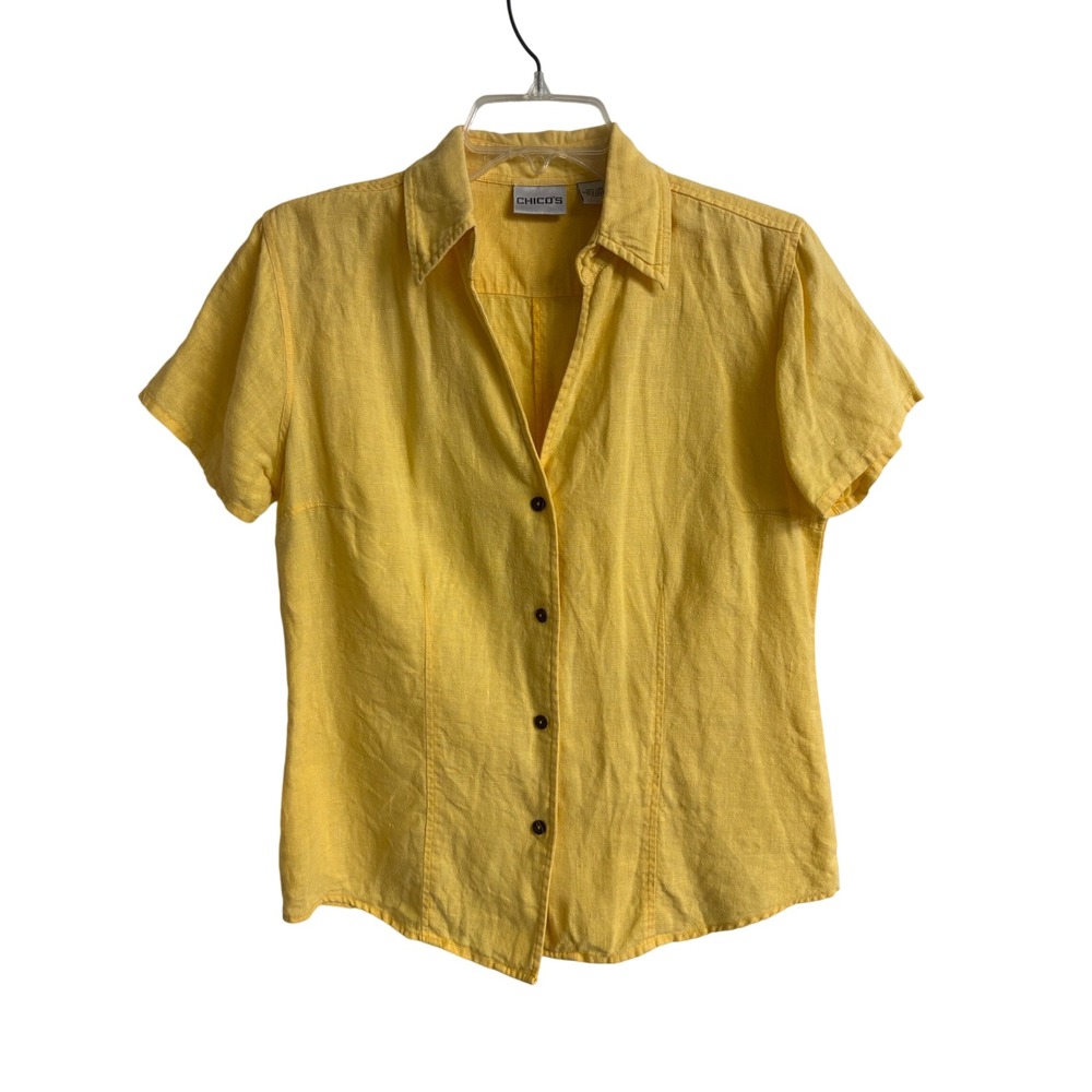 Chicos Yellow 100% Linen Short Sleeve Button Down Shirt Sz 0 Small Classic‎